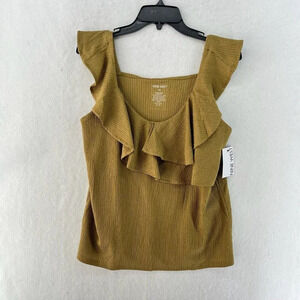 Nine West Blouse Women's Sz M Yellow V-Neck Textured Ruffle Front Sleeveless